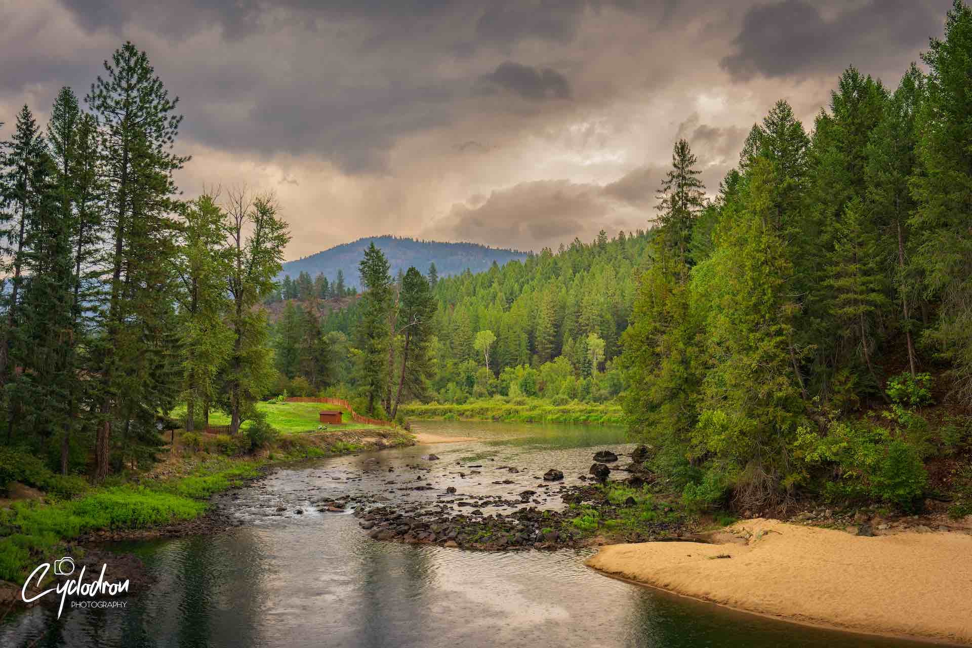 Lush green river bend with rocky streambed and mountain forest backdrop